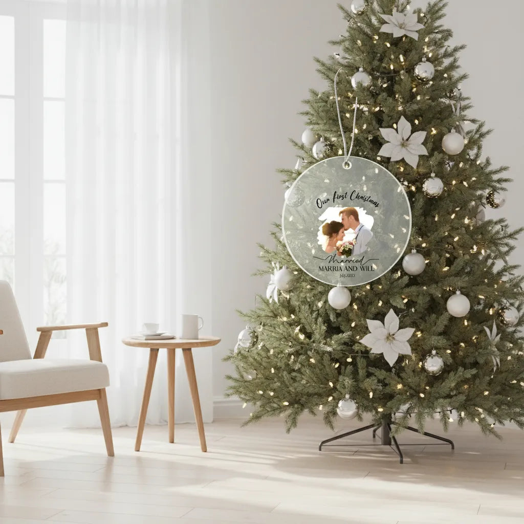 🖊️ Our First Christmas Married – Personalized Photo Acrylic Ornament