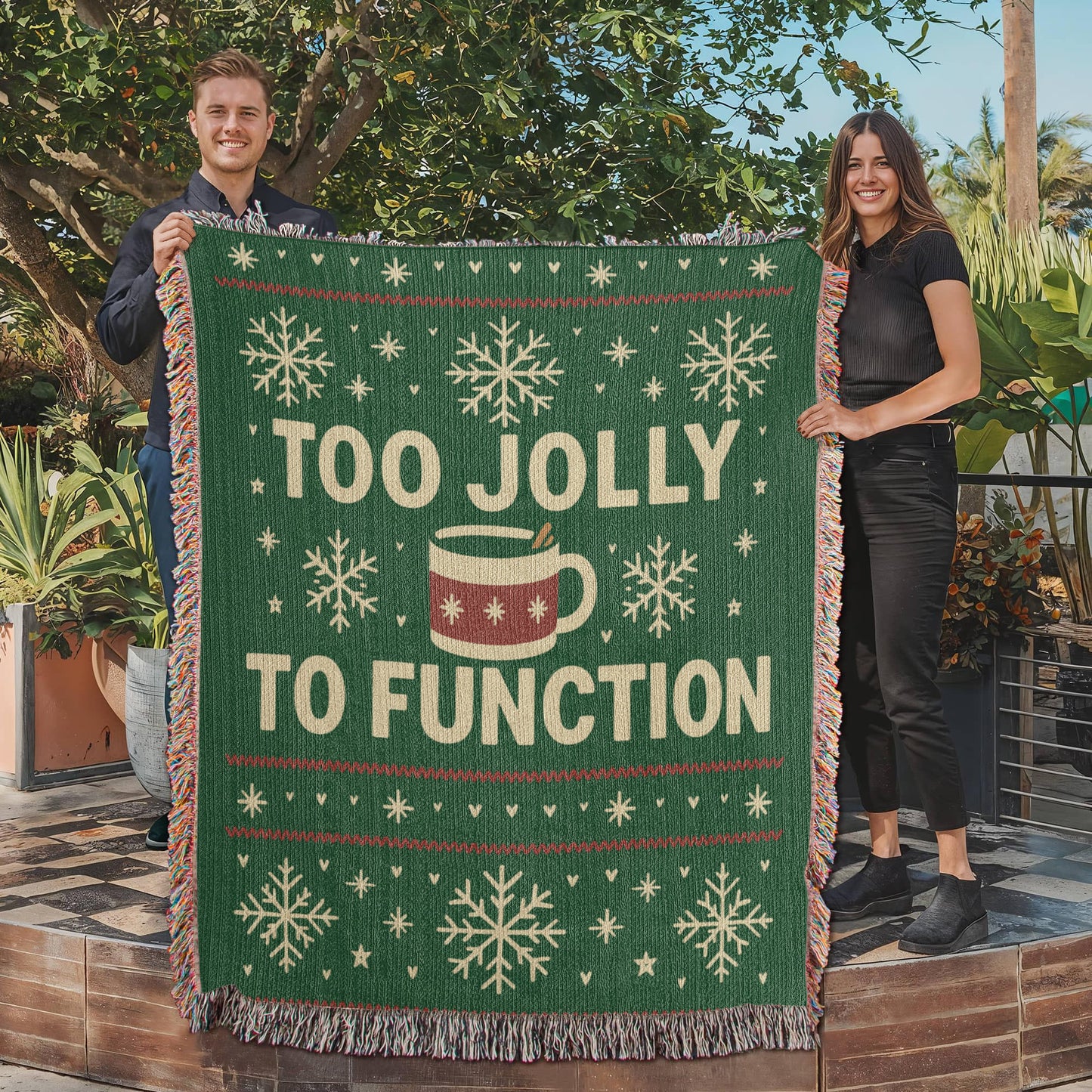 🎄 “Too Jolly to Function” Cozy Holiday Woven Blanket – 50×60