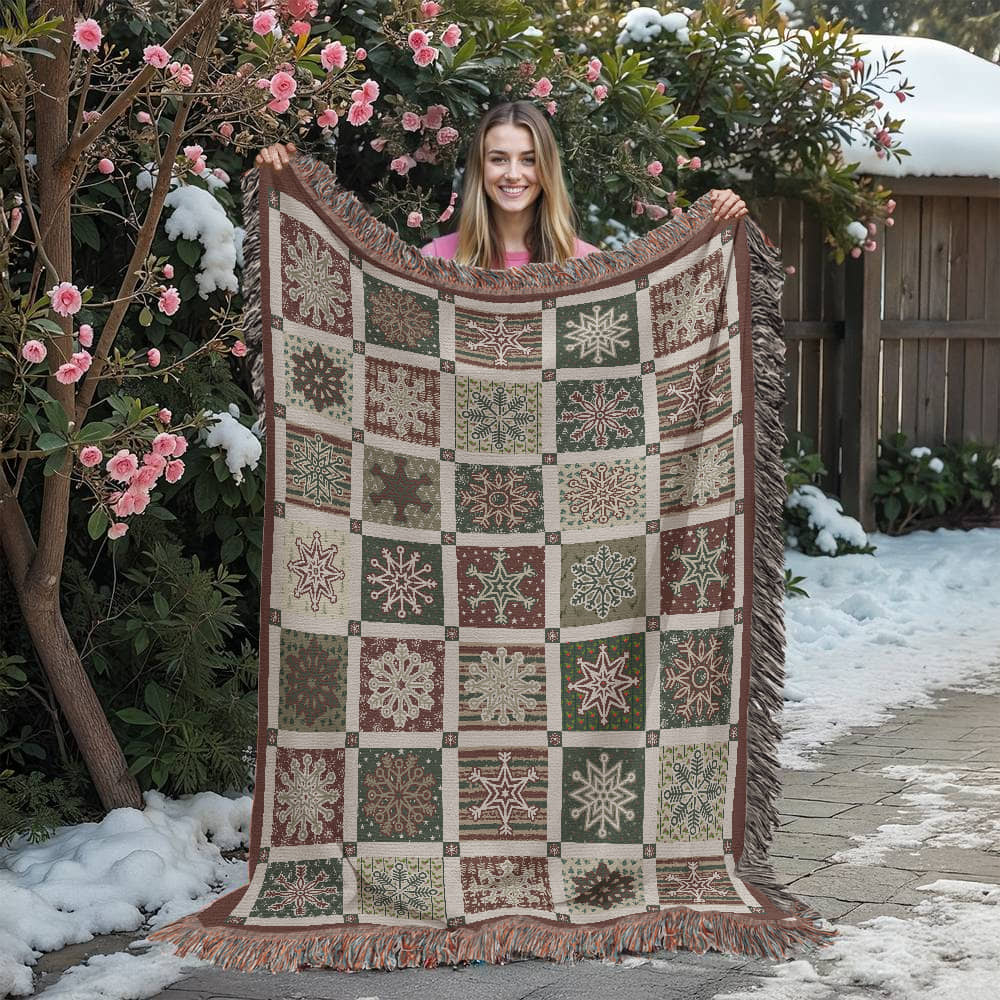 ❄️ Vintage Snowflake Patchwork Christmas Woven Blanket – 50×60