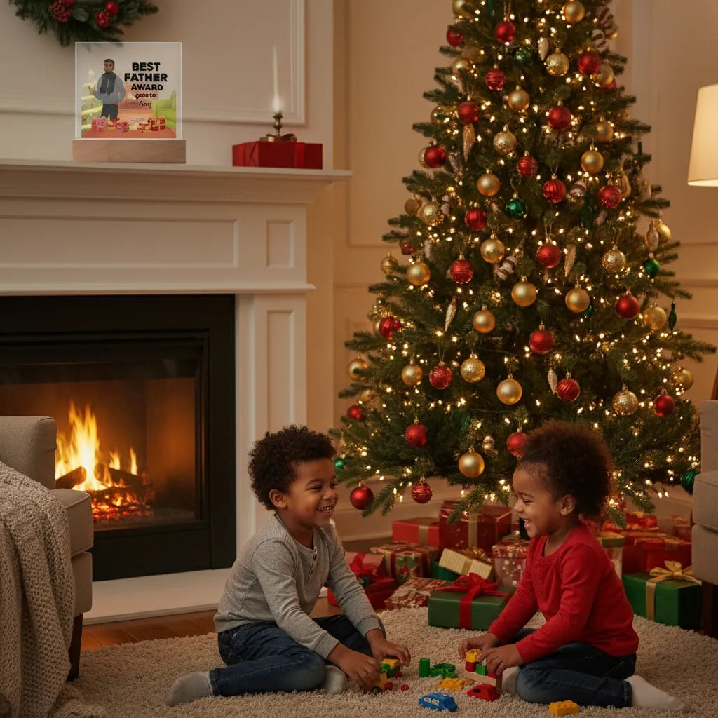 Best Father Award – Personalized Character Acrylic Plaque (with Wooden Base)