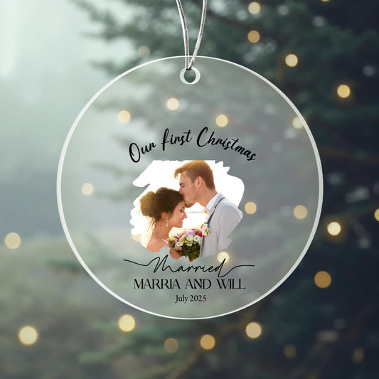 🖊️ Our First Christmas Married – Personalized Photo Acrylic Ornament