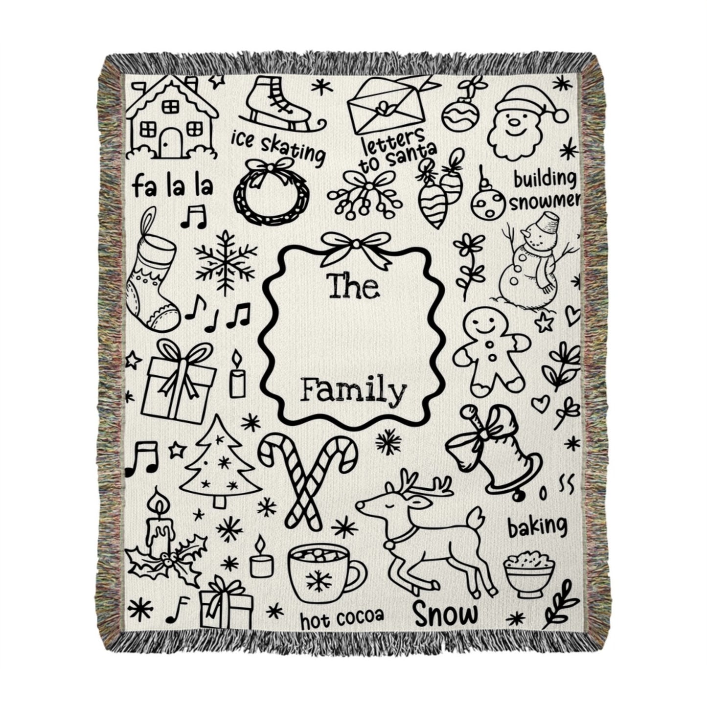 Personalized Christmas Doodle Woven Blanket – Family Name Edition (Portrait)