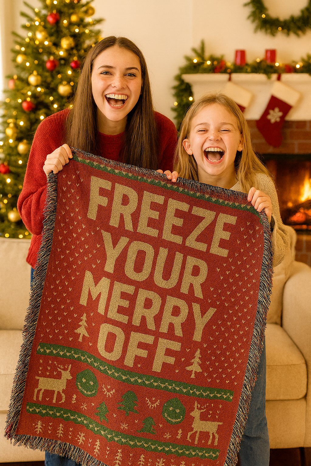 🎄 “Freeze Your Merry Off” Ugly Christmas Woven Blanket – 50×60