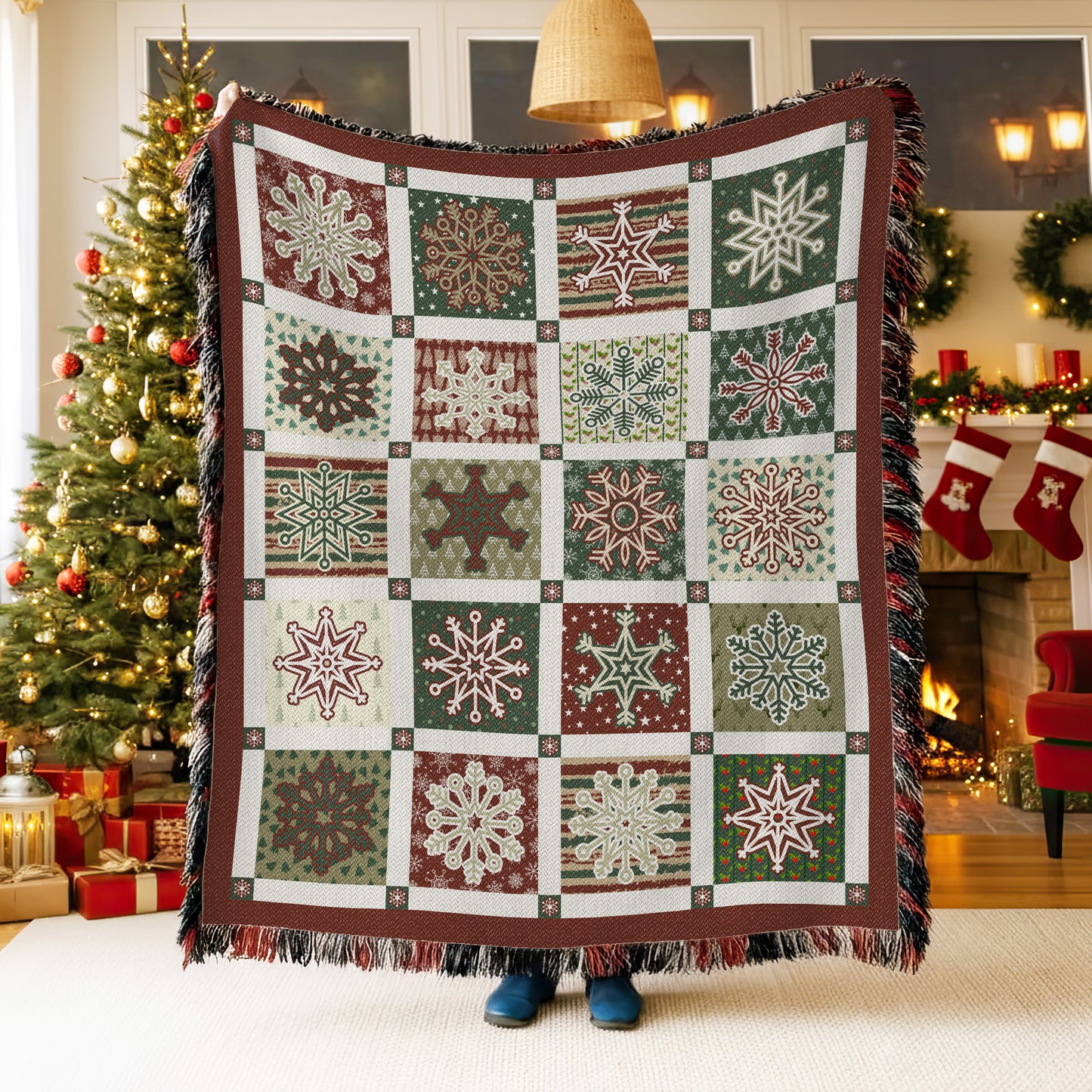 ❄️ Vintage Snowflake Patchwork Christmas Woven Blanket – 50×60