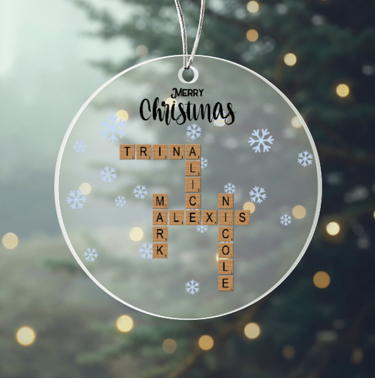 🎄 Personalized Acrylic Crossword Christmas Ornament – Up to 5 Names