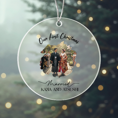 🖊️ Our First Christmas Married – Personalized Photo Acrylic Ornament