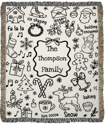 Personalized Christmas Doodle Woven Blanket – Family Name Edition (Portrait)