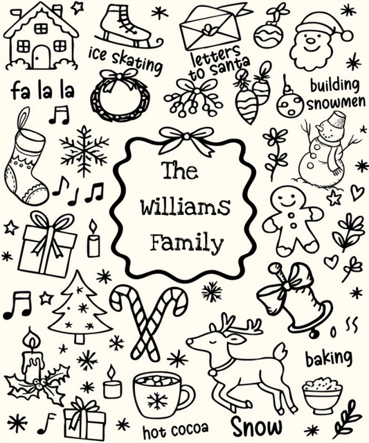 Personalized Christmas Doodle Woven Blanket – Family Name Edition (Portrait)