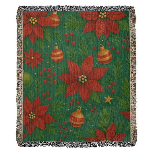 🎄 Poinsettia & Ornament Christmas Woven Blanket – 50×60