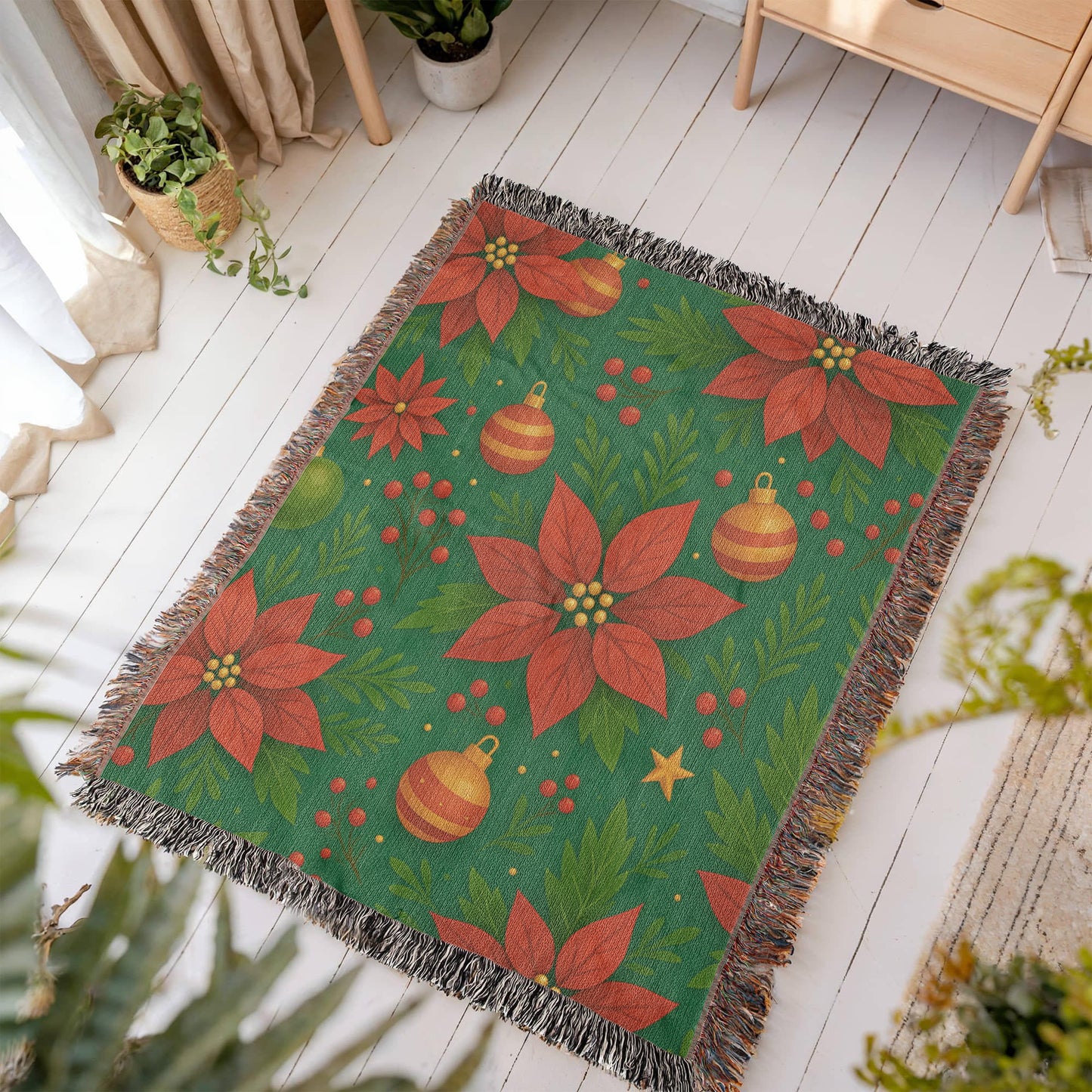 🎄 Poinsettia & Ornament Christmas Woven Blanket – 50×60