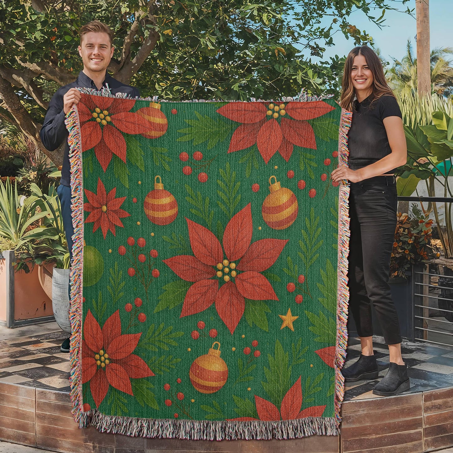 🎄 Poinsettia & Ornament Christmas Woven Blanket – 50×60