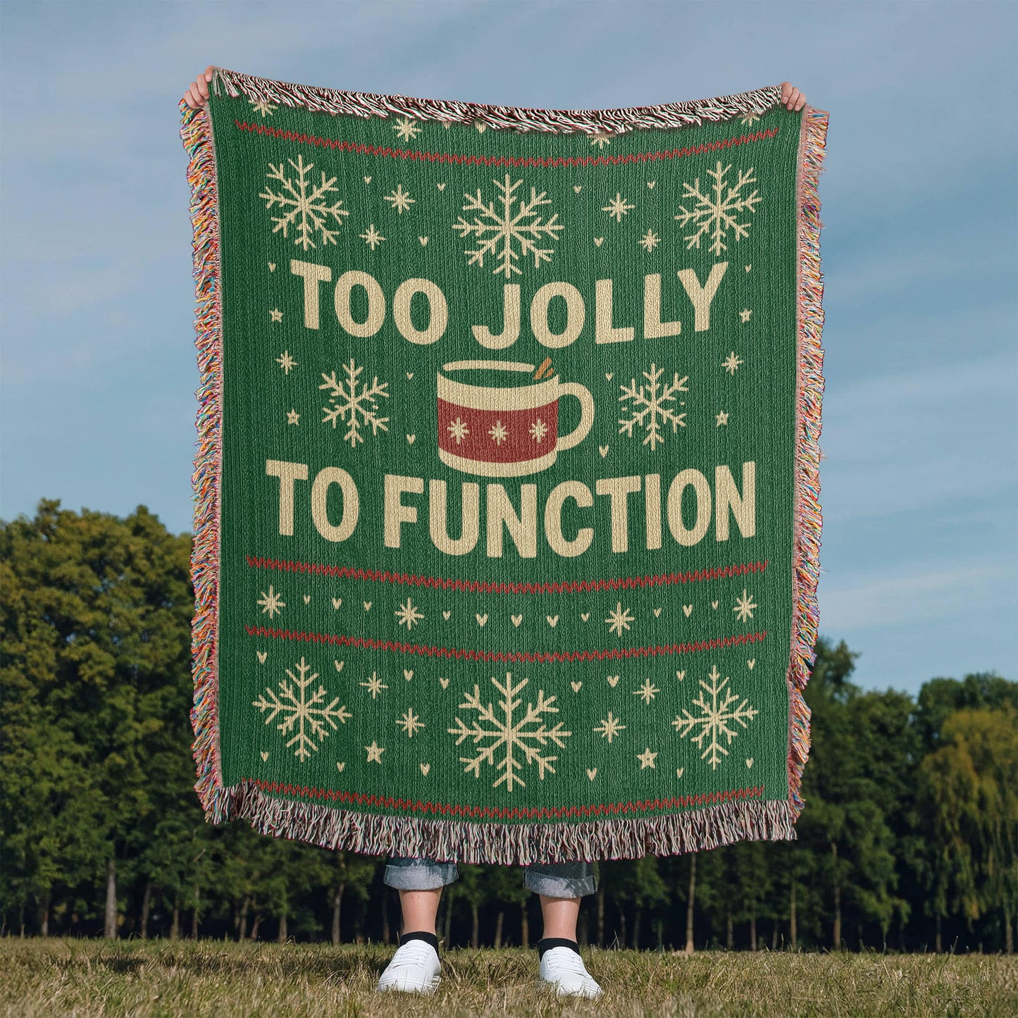 🎄 “Too Jolly to Function” Cozy Holiday Woven Blanket – 50×60