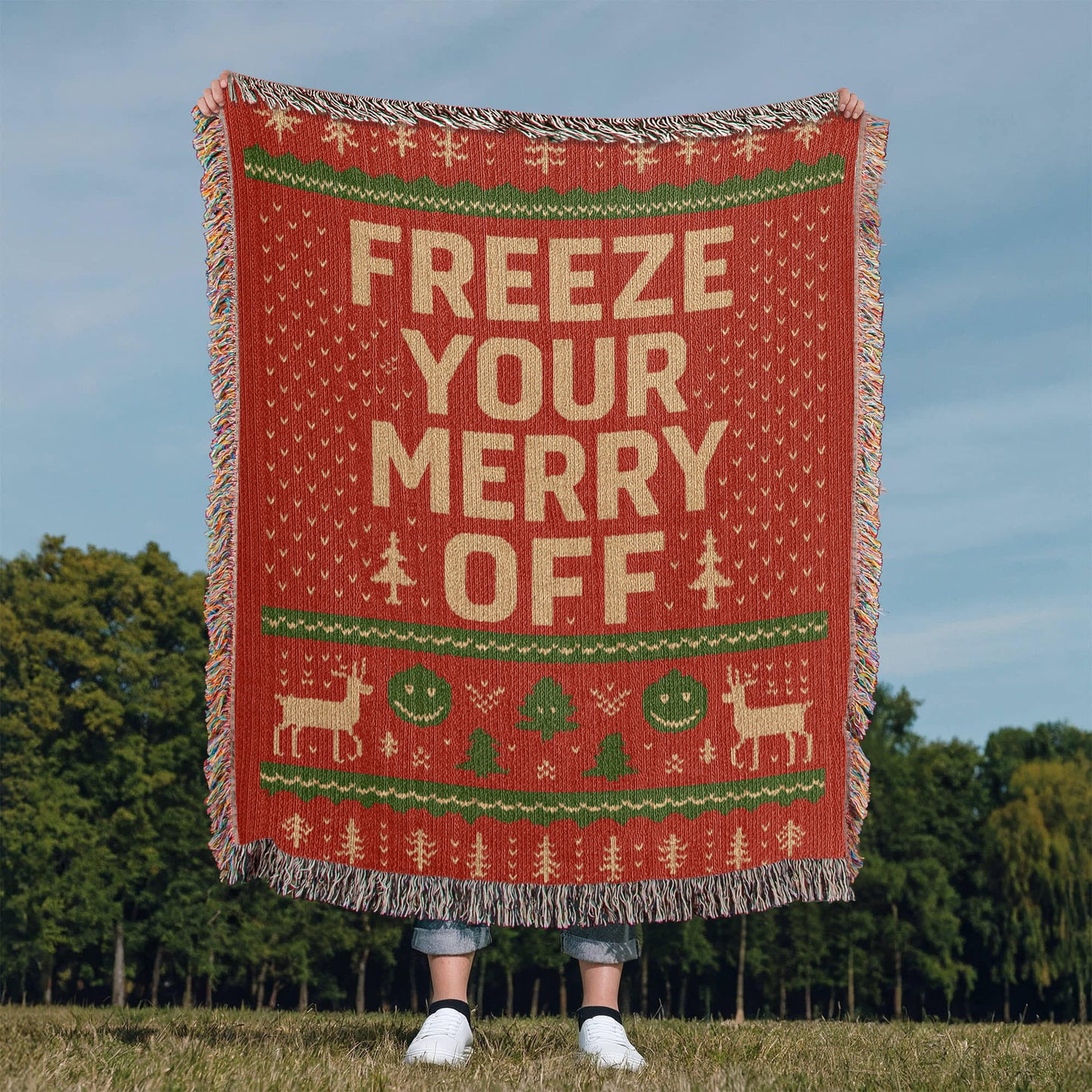 🎄 “Freeze Your Merry Off” Ugly Christmas Woven Blanket – 50×60