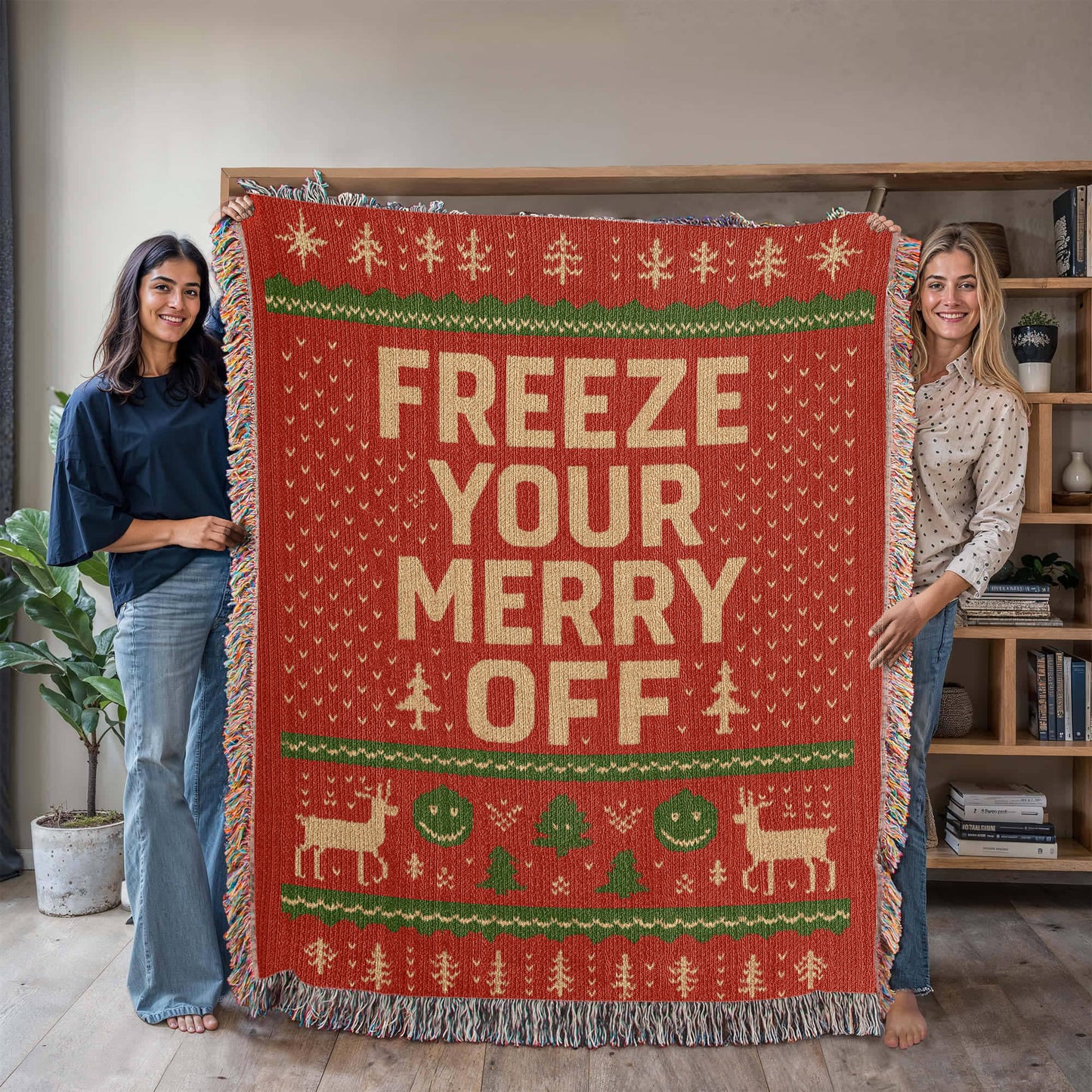 🎄 “Freeze Your Merry Off” Ugly Christmas Woven Blanket – 50×60