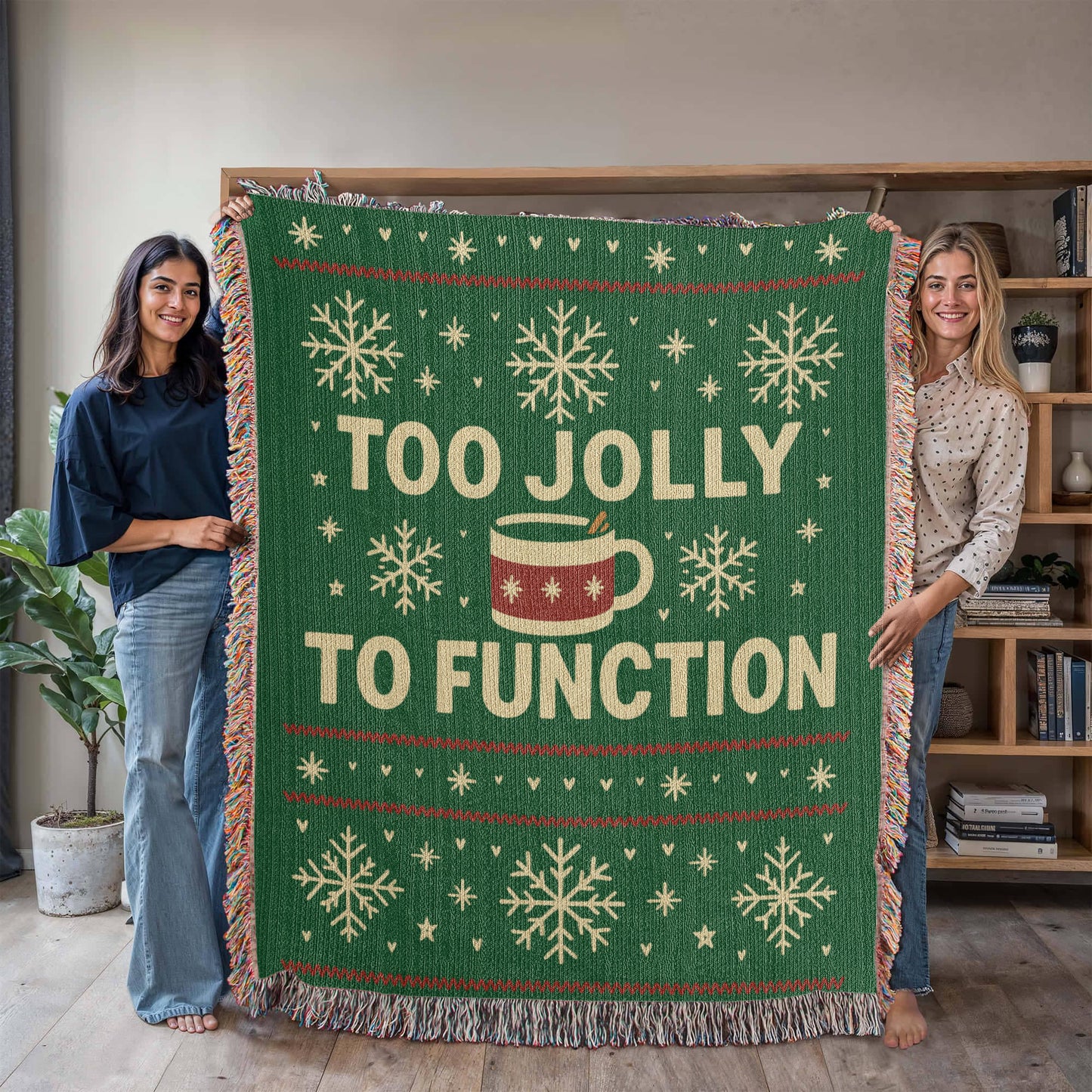 🎄 “Too Jolly to Function” Cozy Holiday Woven Blanket – 50×60