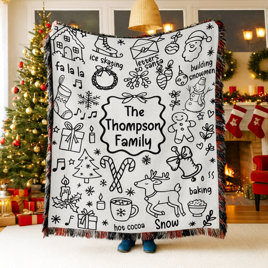 Personalized Christmas Doodle Woven Blanket – Family Name Edition (Portrait)