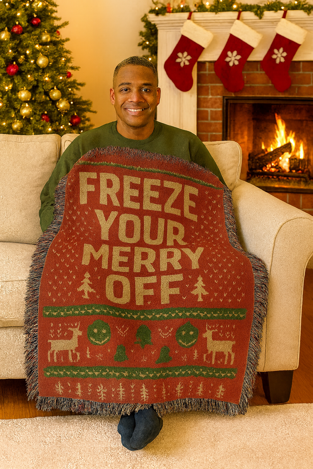 🎄 “Freeze Your Merry Off” Ugly Christmas Woven Blanket – 50×60